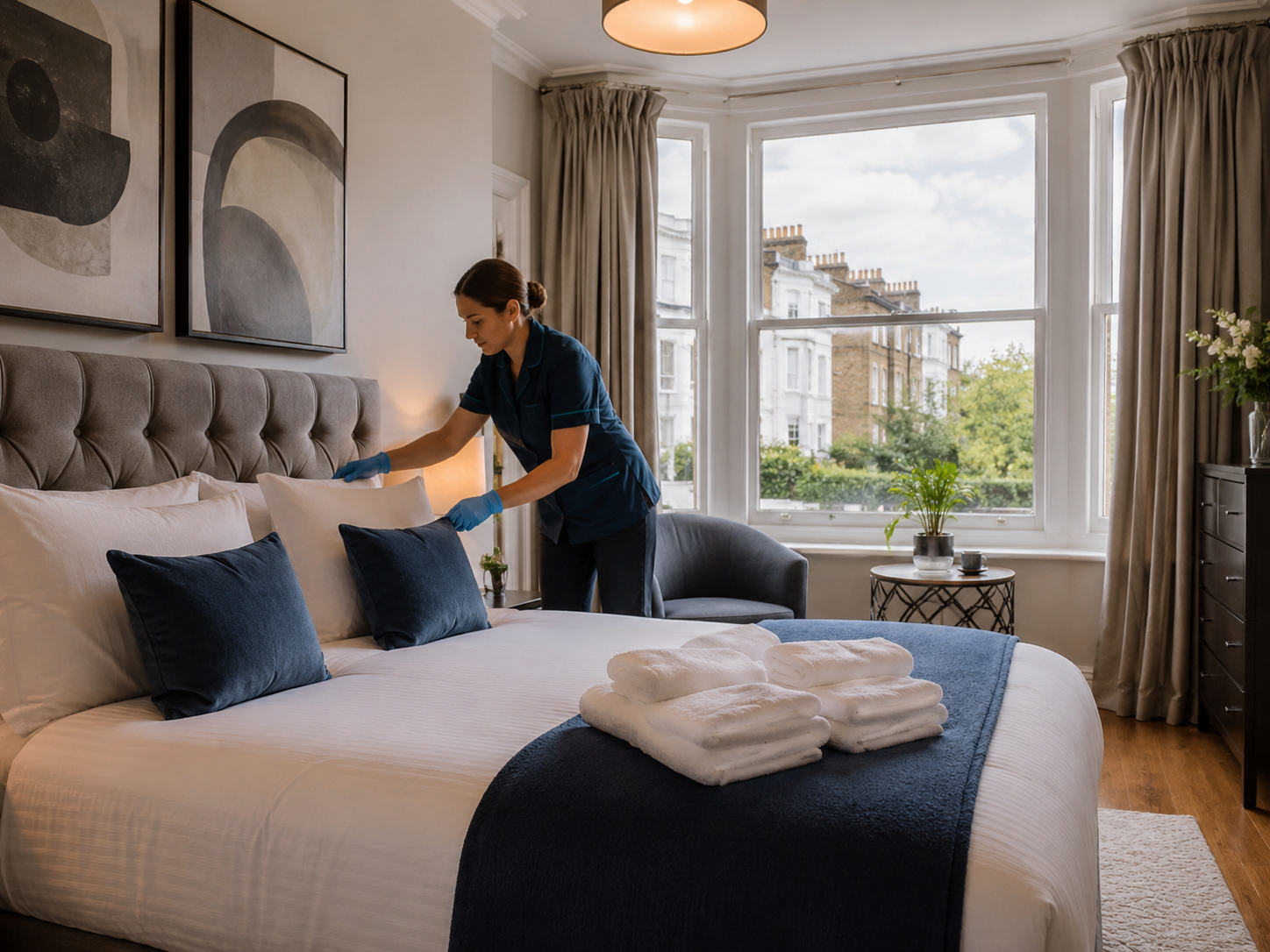 Guest bedroom prepared for Airbnb turnover cleaning