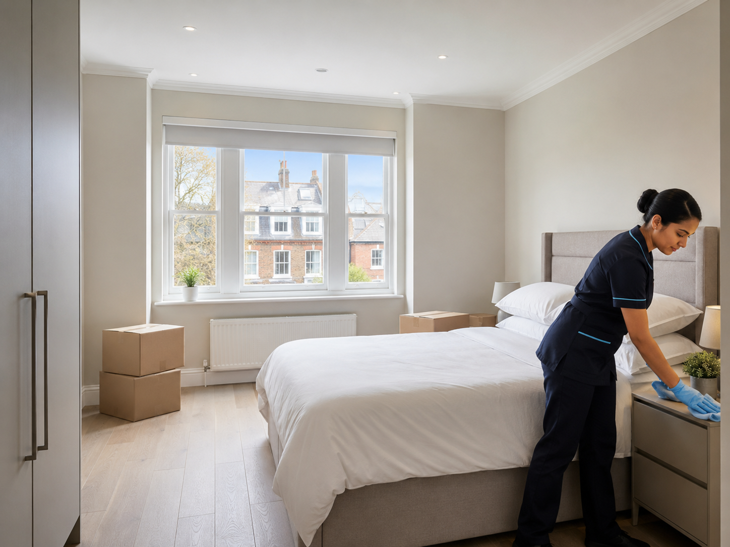 Cleaner preparing a bedroom for end of tenancy cleaning